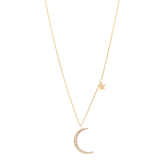 18K Yellow Gold Diamond Moon and Star Pendant Necklace