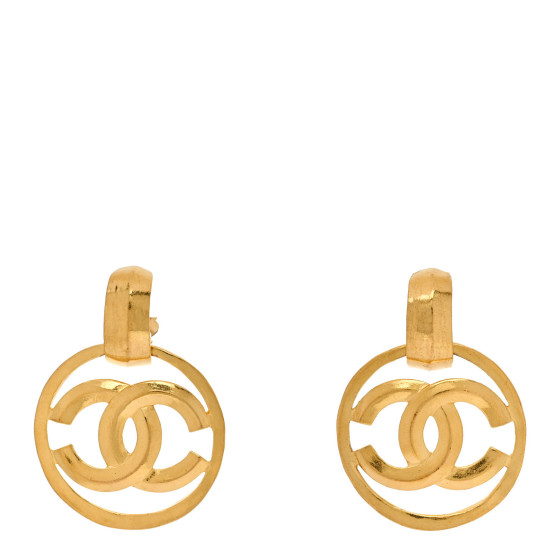 Metal Round CC Drop Clip On Earrings Gold