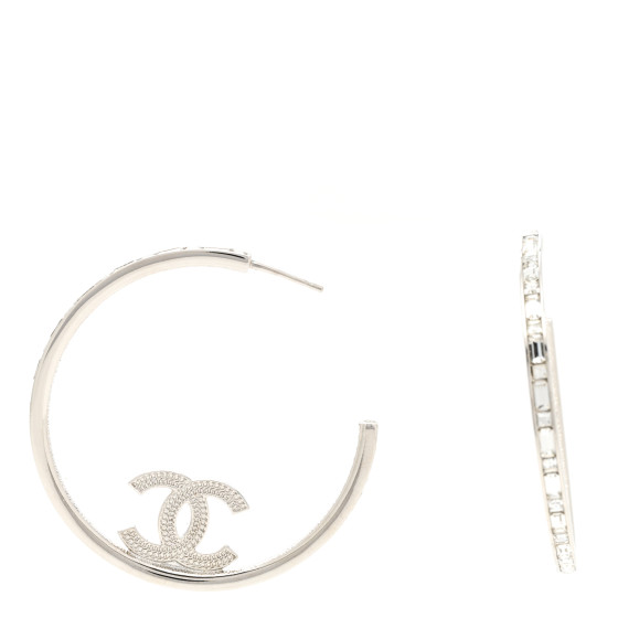 Metal Crystal Baguette CC Large Hoop Earrings Silver