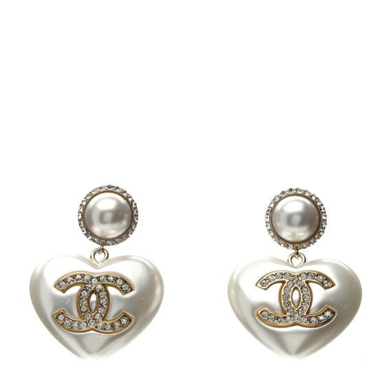 Pearl Crystal CC Heart Drop Earrings Gold