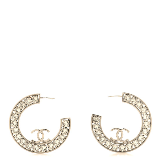 Metal Crystal CC XL Hoop Earrings Silver
