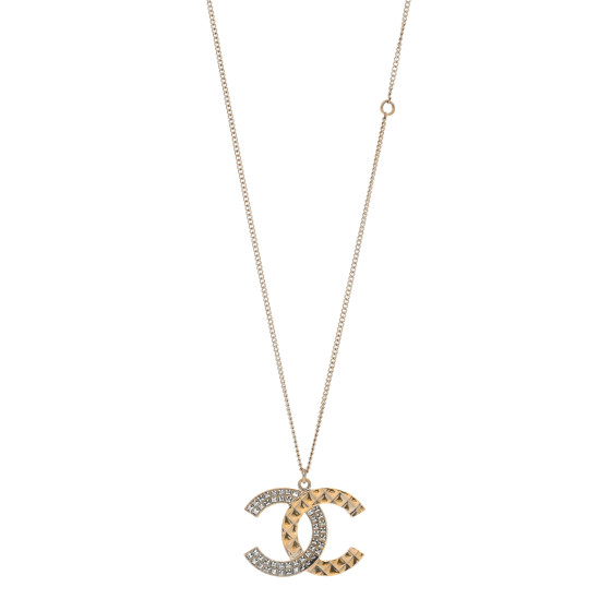 Crystal Metal Quilted CC Pendant Necklace Gold