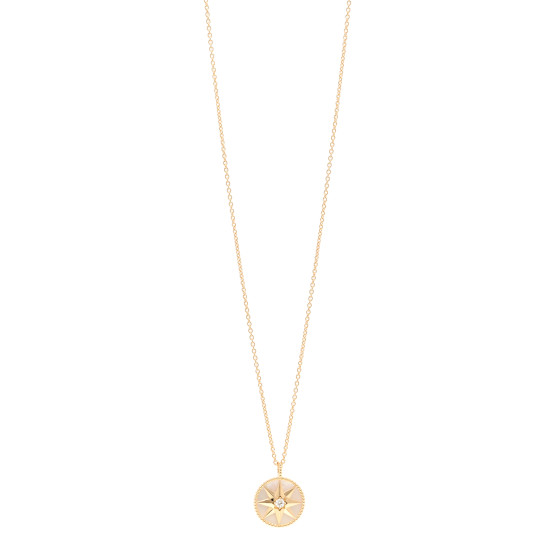 18K Yellow Gold Diamond Mother of Pearl Rose Des Vents Medallion Necklace
