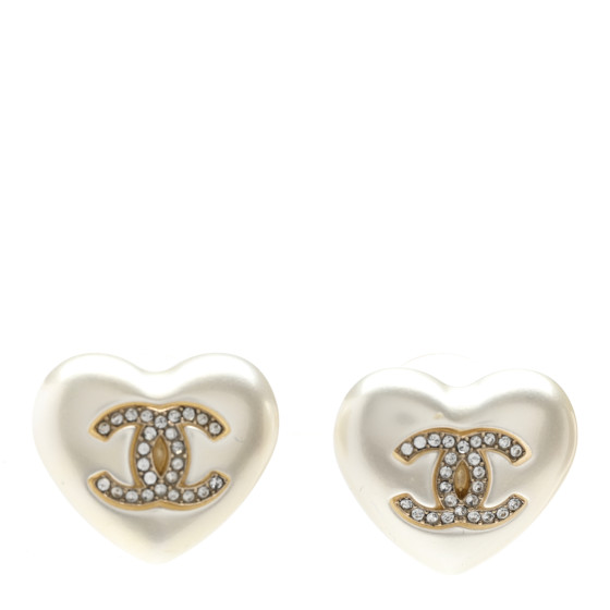 Pearl Crystal CC Heart Earrings Gold