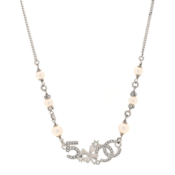 Pearl Crystal CC Clover No 5 Short Necklace Silver White
