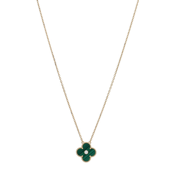 18K Yellow Gold Diamond Malachite Vintage Alhambra Pendant Necklace