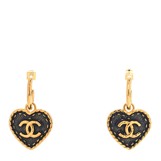 Metal Enamel CC Denim Heart Drop Earrings Gold Blue