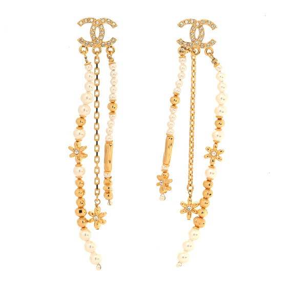 Pearl Crystal CC Flower Chain Multi Drop Earrings Gold