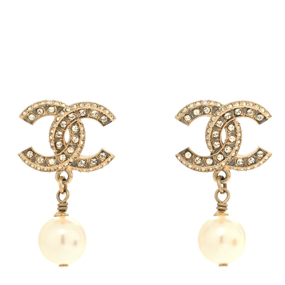 Crystal Pearl CC Drop Earrings Light Gold