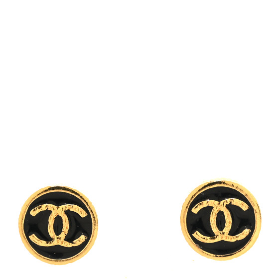 Metal Enamel CC Round Earrings Gold Black