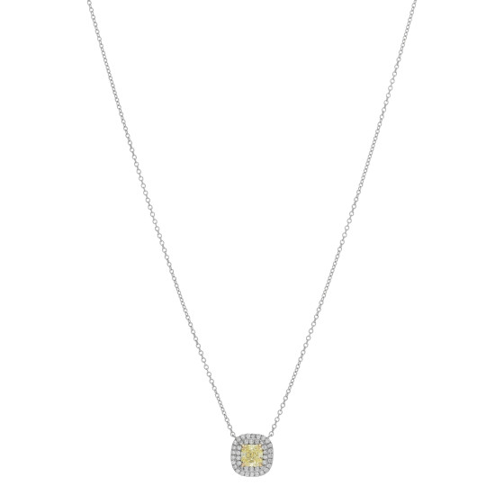 Platinum 18K Yellow Gold Diamond Yellow Diamond .66ct Soleste Cushion Cut Halo Pendant Necklace