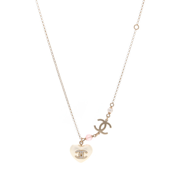 Resin Crystal CC Heart Necklace Pearly White Gold