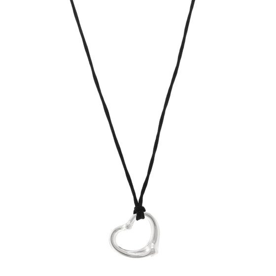 Sterling Silver Diamond Elsa Peretti Open Heart Pendant Cord Necklace