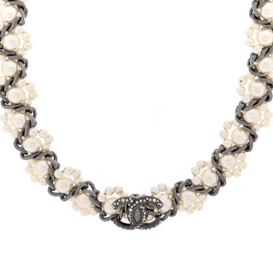 Pearl Crystal CC Choker Necklace Ruthenium