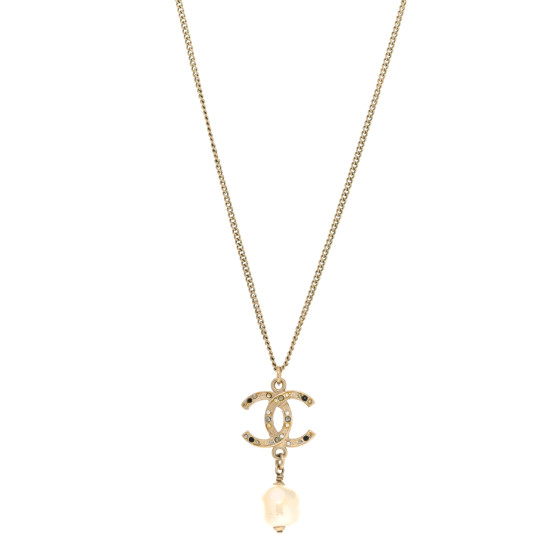 Pearl Crystal CC Pendant Necklace Gold