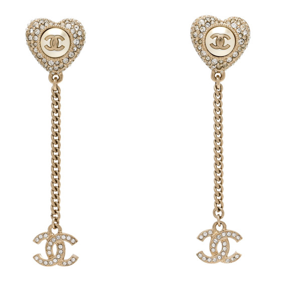 Pearl Crystal CC Heart Drop Earrings Gold White