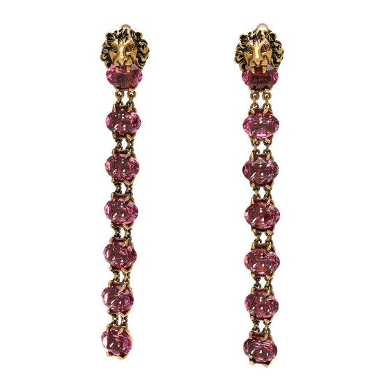 Crystal Metal Lionhead Drop Earrings Rosa Aged Gold