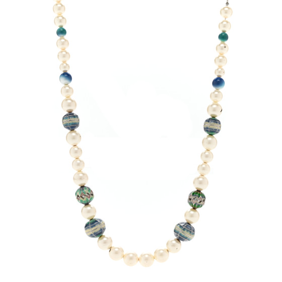 Graduated Pearl Enamel Bead CC Logo Long Necklace White Blue Multicolor