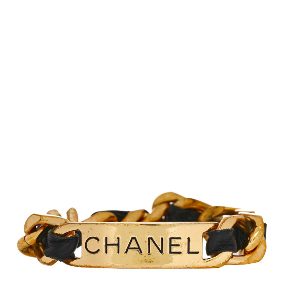 Metal Lambskin Name Plate Bracelet Black Gold