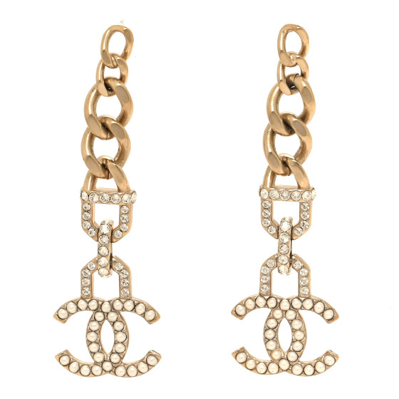 Pearl Crystal CC Chain Link Drop Earrings Gold