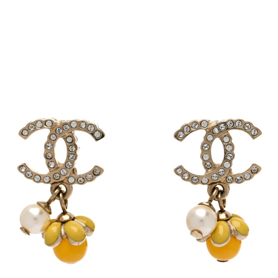 Metal Crystal Bead Pearl CC Drop Earrings Gold White Yellow