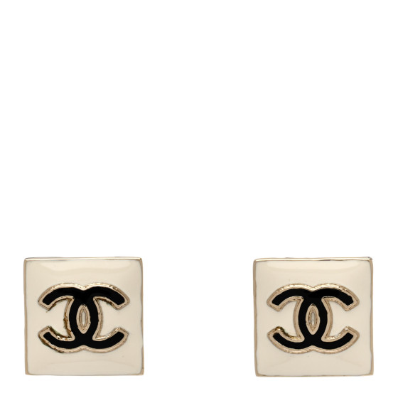 Metal Enamel CC Square Earrings Gold White Black