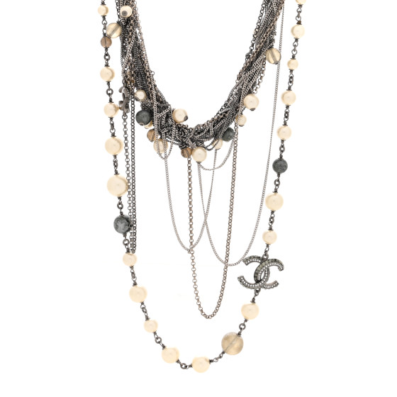 Pearl Beaded Crystal CC Multi Strand Necklace Ruthenium