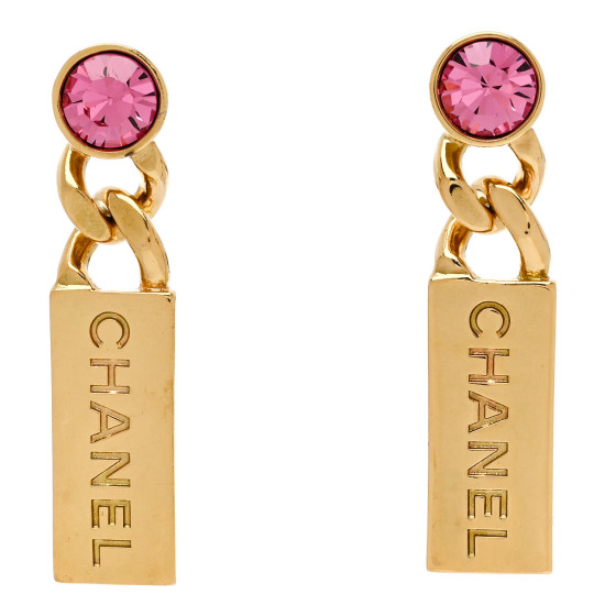 Crystal Tag Drop Earrings Gold Pink