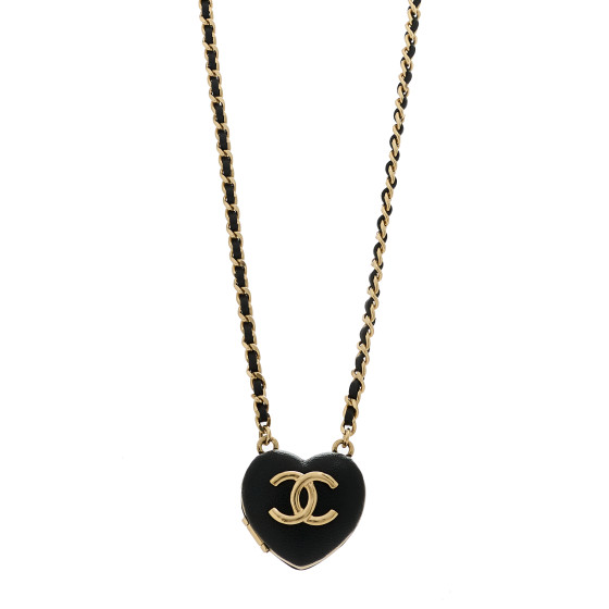 Lambskin CC Heart Mirror Locket Necklace Gold Black