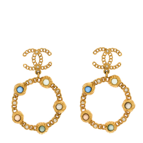 Pearl Gripoix CC Chain Drop Hoop Earrings Gold