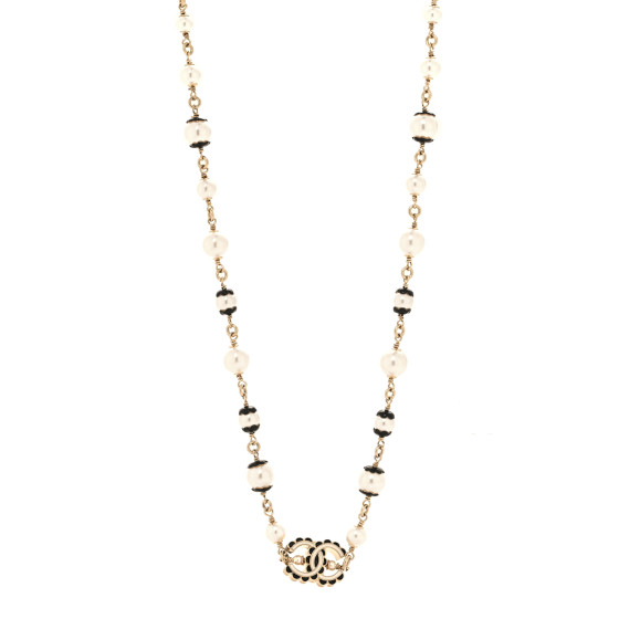 Metal Enamel Pearl CC Necklace Gold Black White