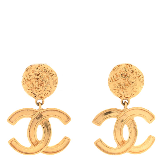 Metal CC Logo Drop Clip On Earrings Gold