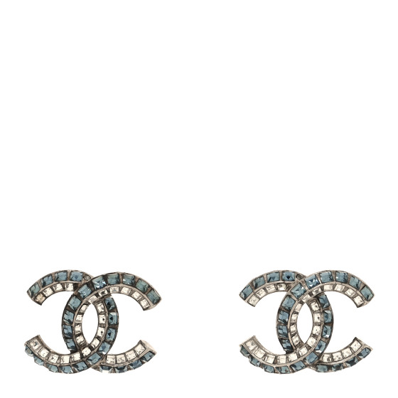 Metal Baguette Crystal CC Earrings Silver Blue