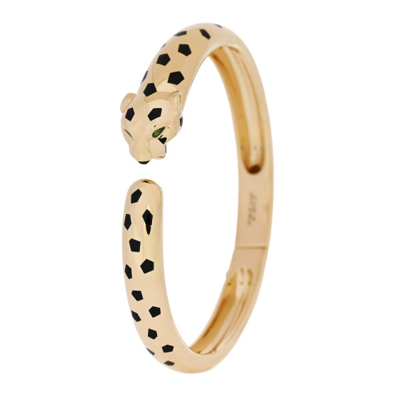 18K Yellow Gold Onyx Tsavorite Black Lacquer Panthere De Cartier Cuff Bracelet 18