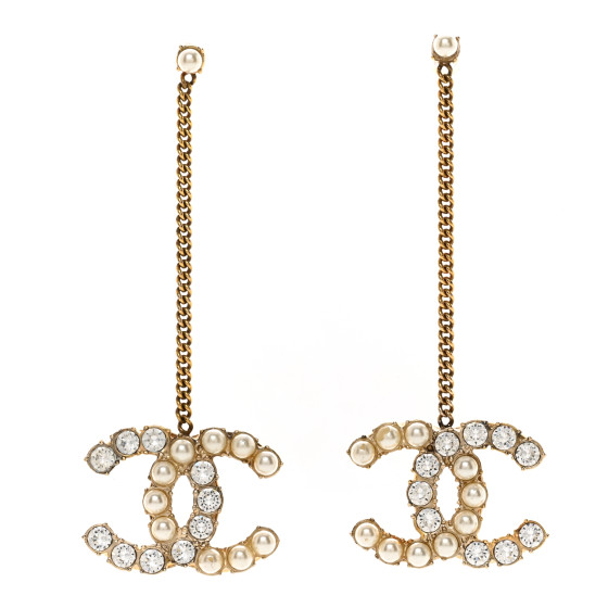 Pearl Crystal CC Chain Drop Earrings Gold White