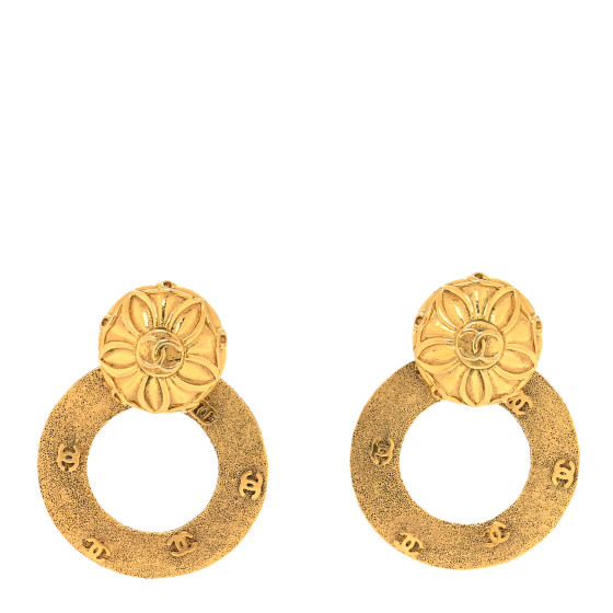 Metal Textured CC Detachable Hoop Drop Clip On Earrings Gold