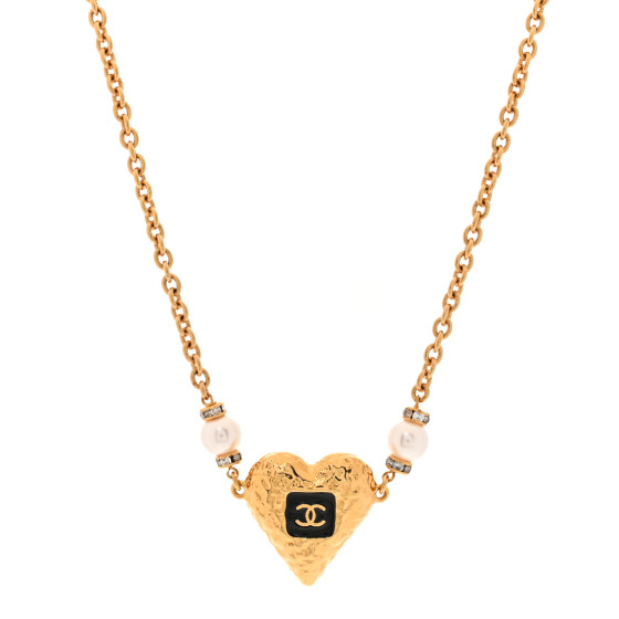 Resin Crystal Pearl Chain Heart CC Pendant Necklace Black White Gold