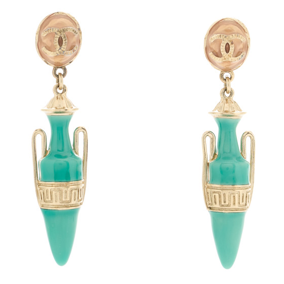 Metal Resin Ancient Greek Urn Drop Earrings Light Gold Turquoise