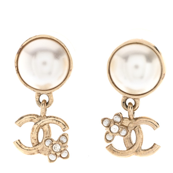 Pearl Crystal CC Flower Drop Earrings Gold Pearly White