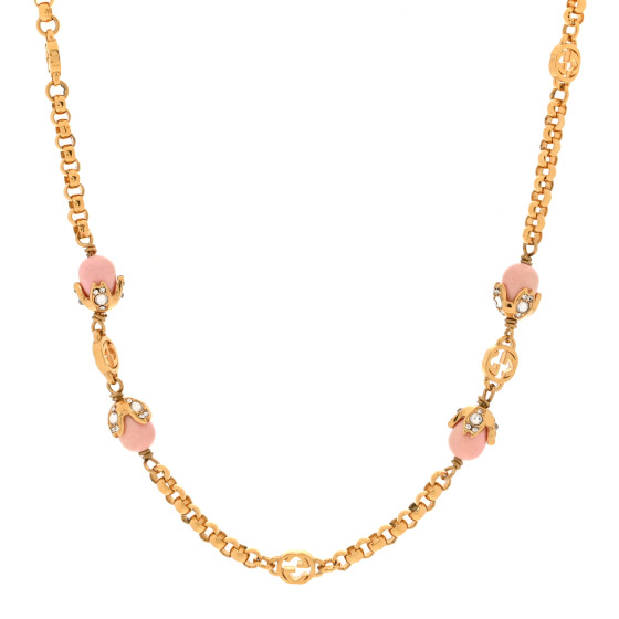 Pearl Crystal Embellished Interlocking G Necklace Pink Aged Gold