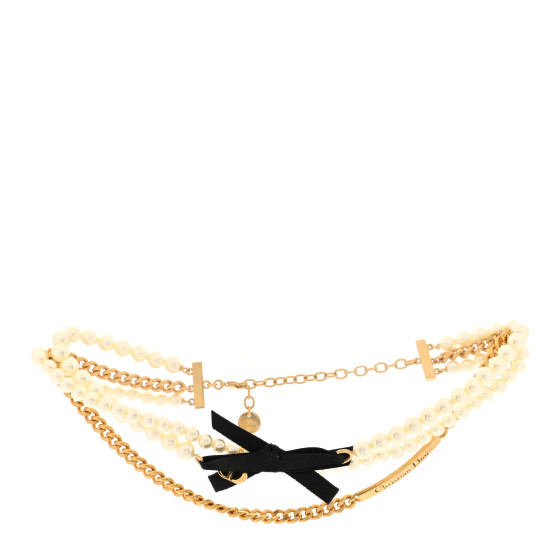 Metal Pearl Satin Le Noeud de Dior Choker Necklace Gold Black