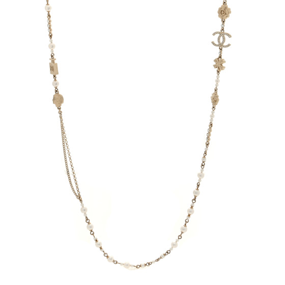 Pearl Crystal Graduated CC No.5 Perfume Bottle Flower Long Necklace Gold White