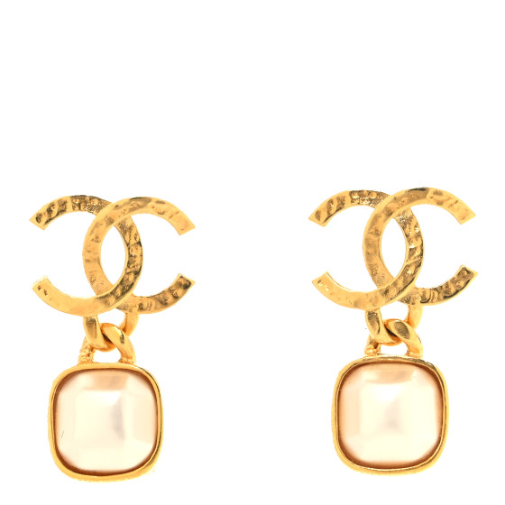 Metal Pearl CC Square Drop Earrings Gold