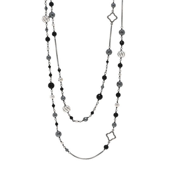 Darkened Sterling Silver Onyx Hematite Quatrefoil Bead Chain Necklace