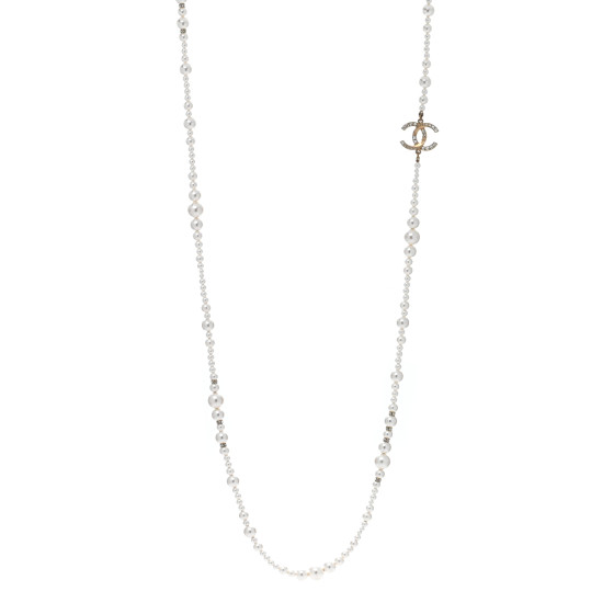 Pearl Baguette Crystal CC Necklace Gold