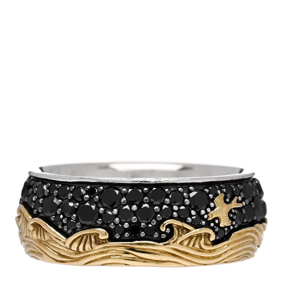 Sterling Silver 18K Yellow Gold Black Diamond Wave Band Ring 60 9