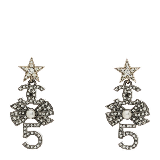 Crystal CC 5 Bow Pearl Drop Earrings Silver Pearly White