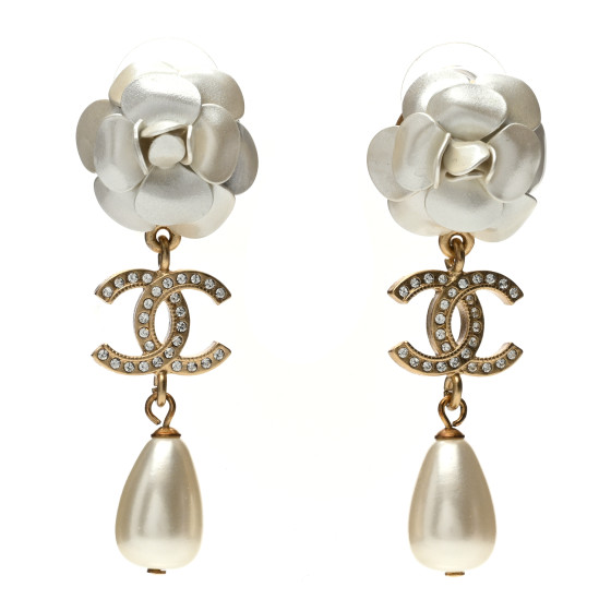 Metal Crystal Pearl 90s Camellia CC Drop Earrings Gold