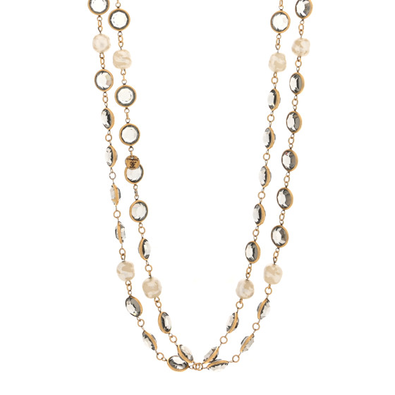 Swarovski Crystal Pearl Chicklet Sautoir Necklace Gold