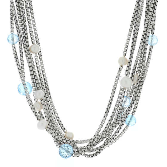Sterling Silver 18K Yellow Gold Pearl Blue Topaz Multi Strand Necklace